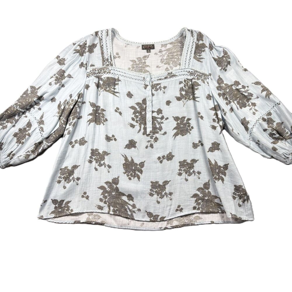 Wonderly Women Lace Trim Peasant Top Boho Preppy Floral Light Blue Brown 2X L197